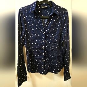 7th Avenue Design Studio New York & Co Navy Blouse With Stars Women's Medium